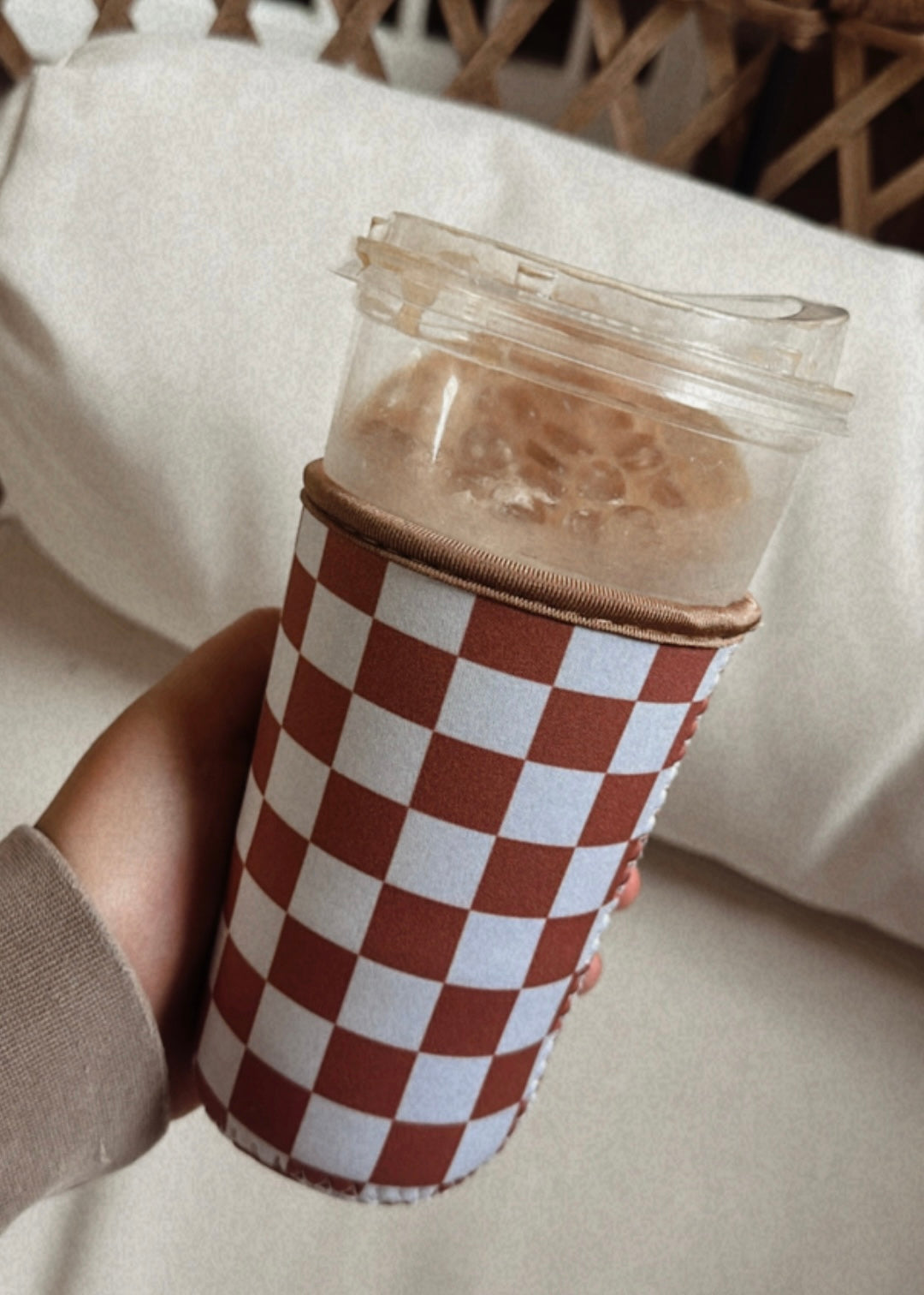 Tan Checker Iced Coffee Drink Sleeve
