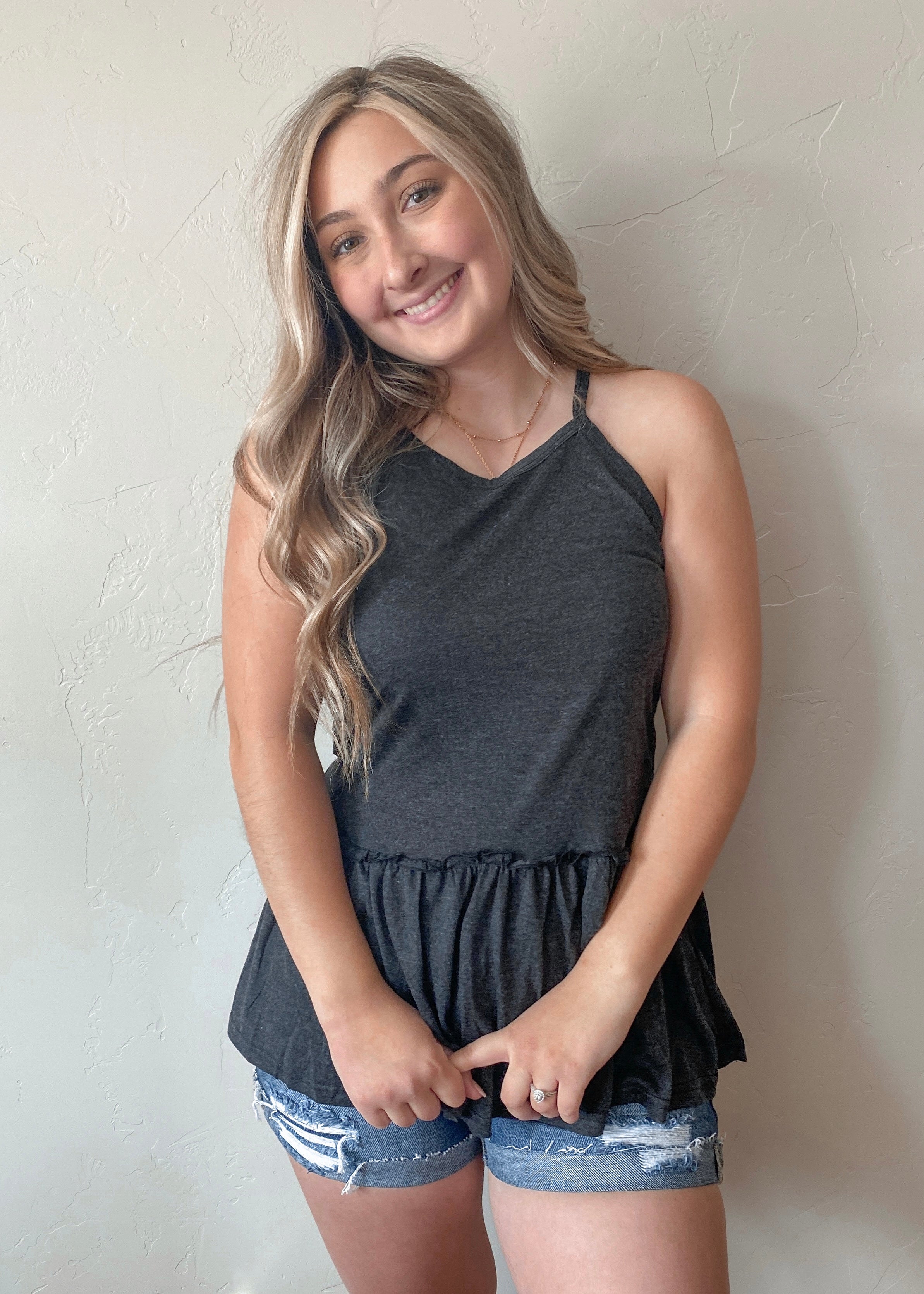 Charcol Grey Ruffle Waist Tank